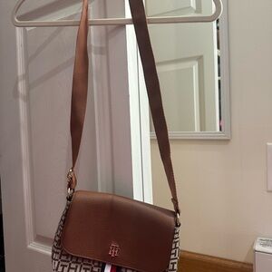 Tommy Hilfiger Brown and White Crossbody Bag
